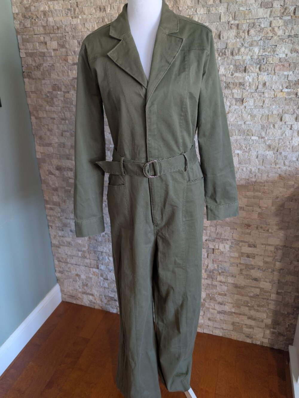 Jason Wu Utility Jumpsuit Olive Green Long Sleeve Belted Cargo Wide Leg M Gorp